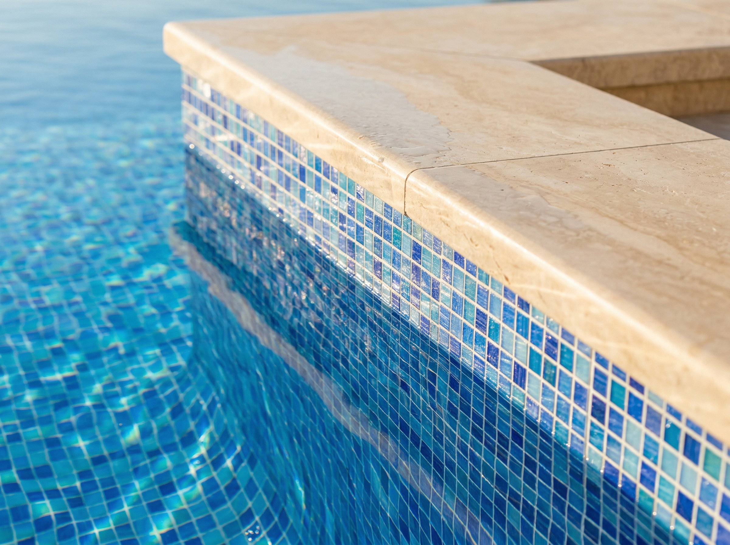 Detalle de gresite y acabados premium de piscina