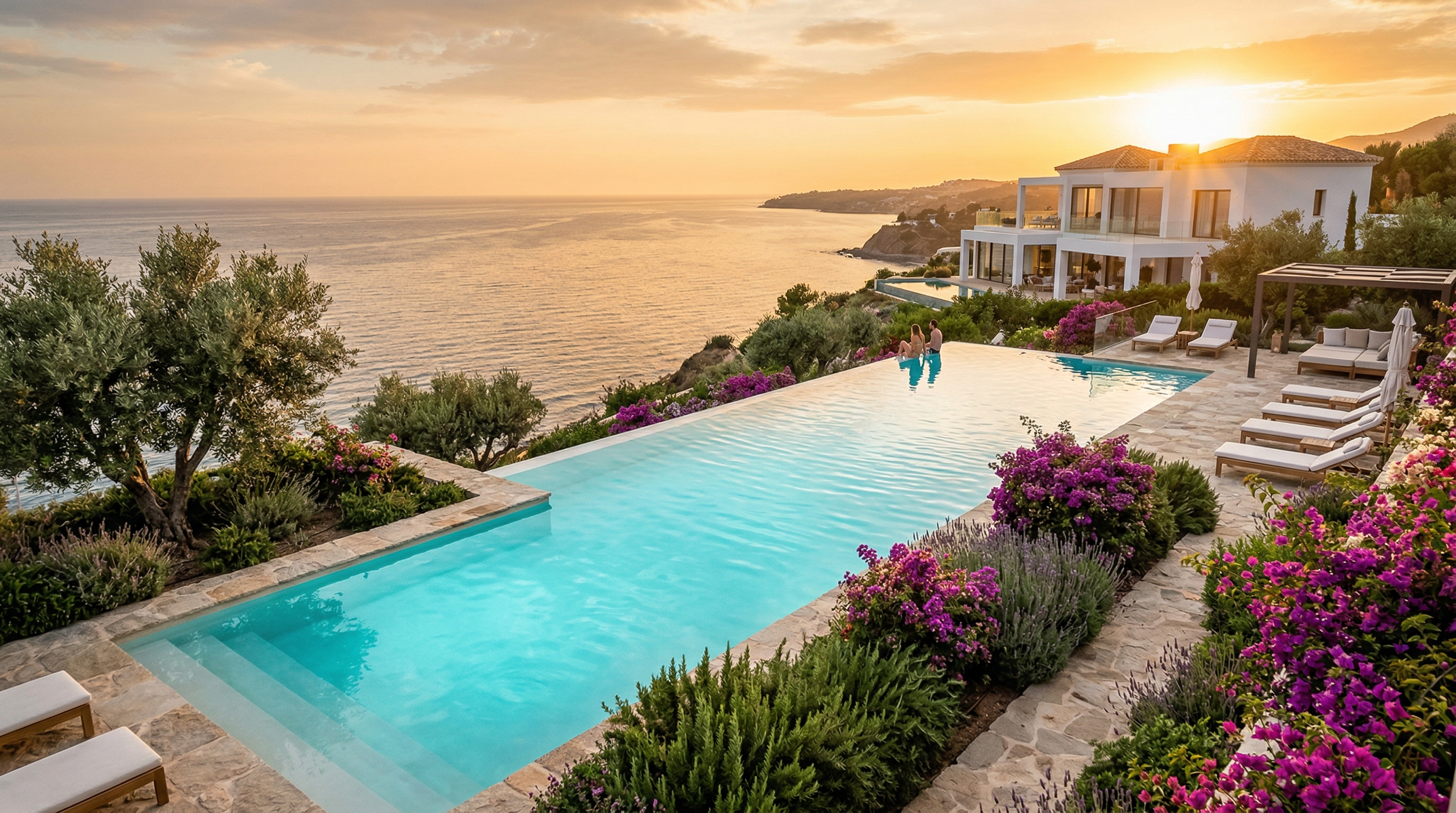 Piscina infinity de lujo con vistas al Mediterráneo al atardecer