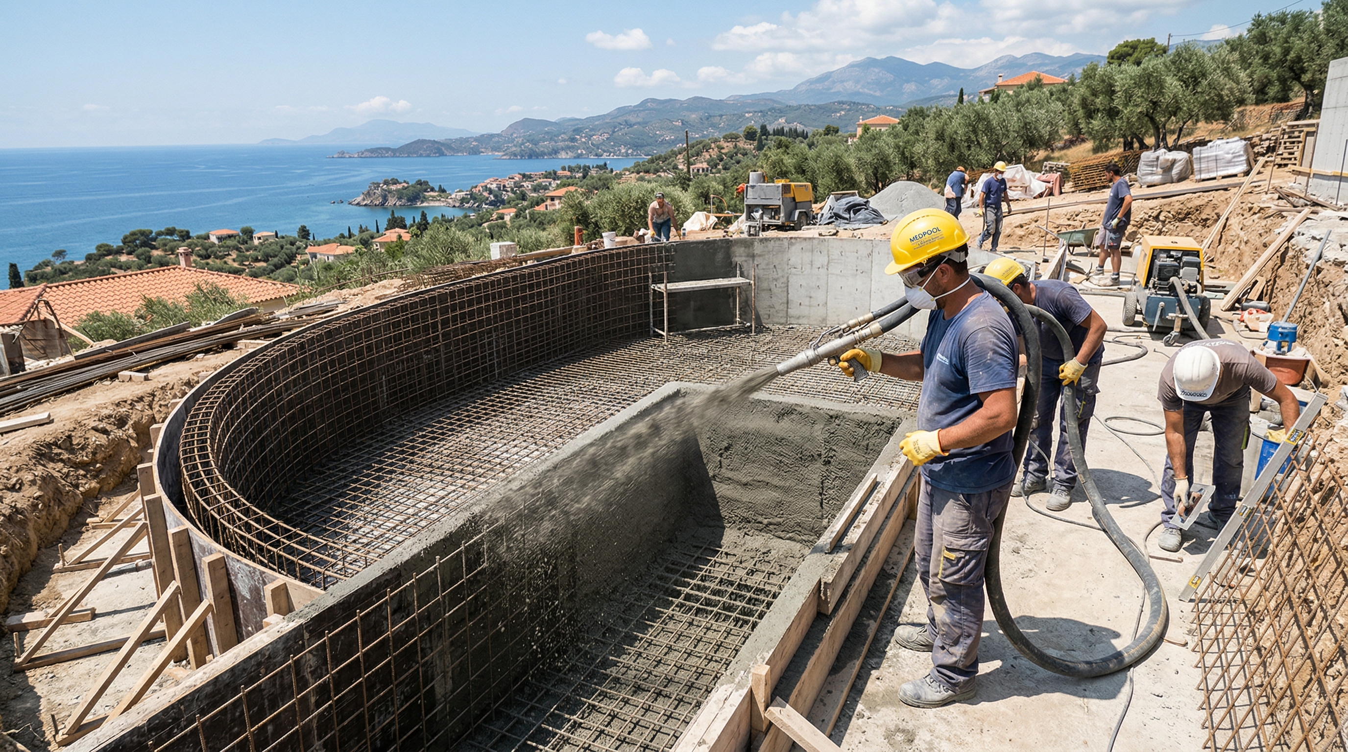 Proceso de construcción de piscina con gunitado