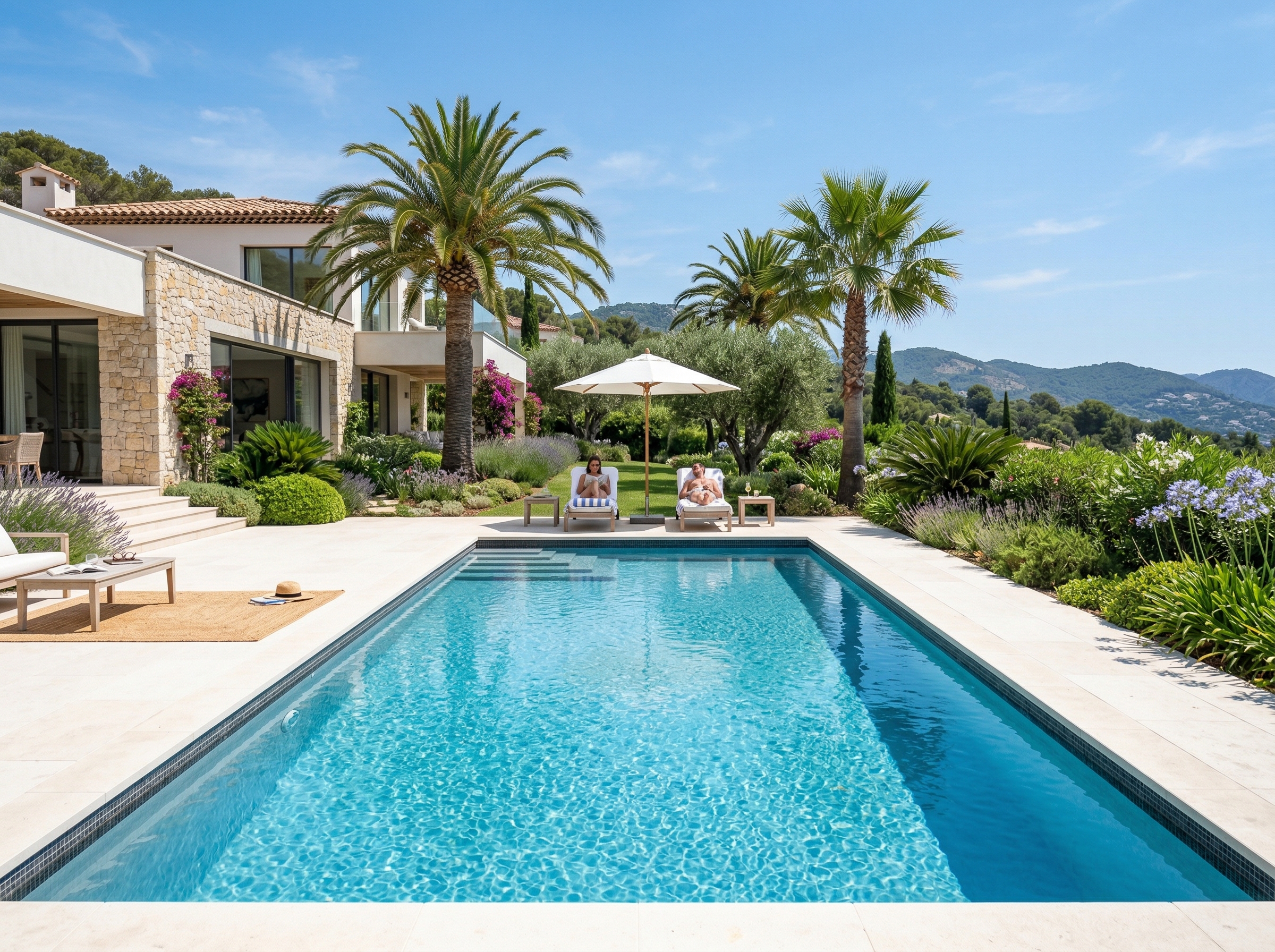 Piscina rectangular con jardín mediterráneo