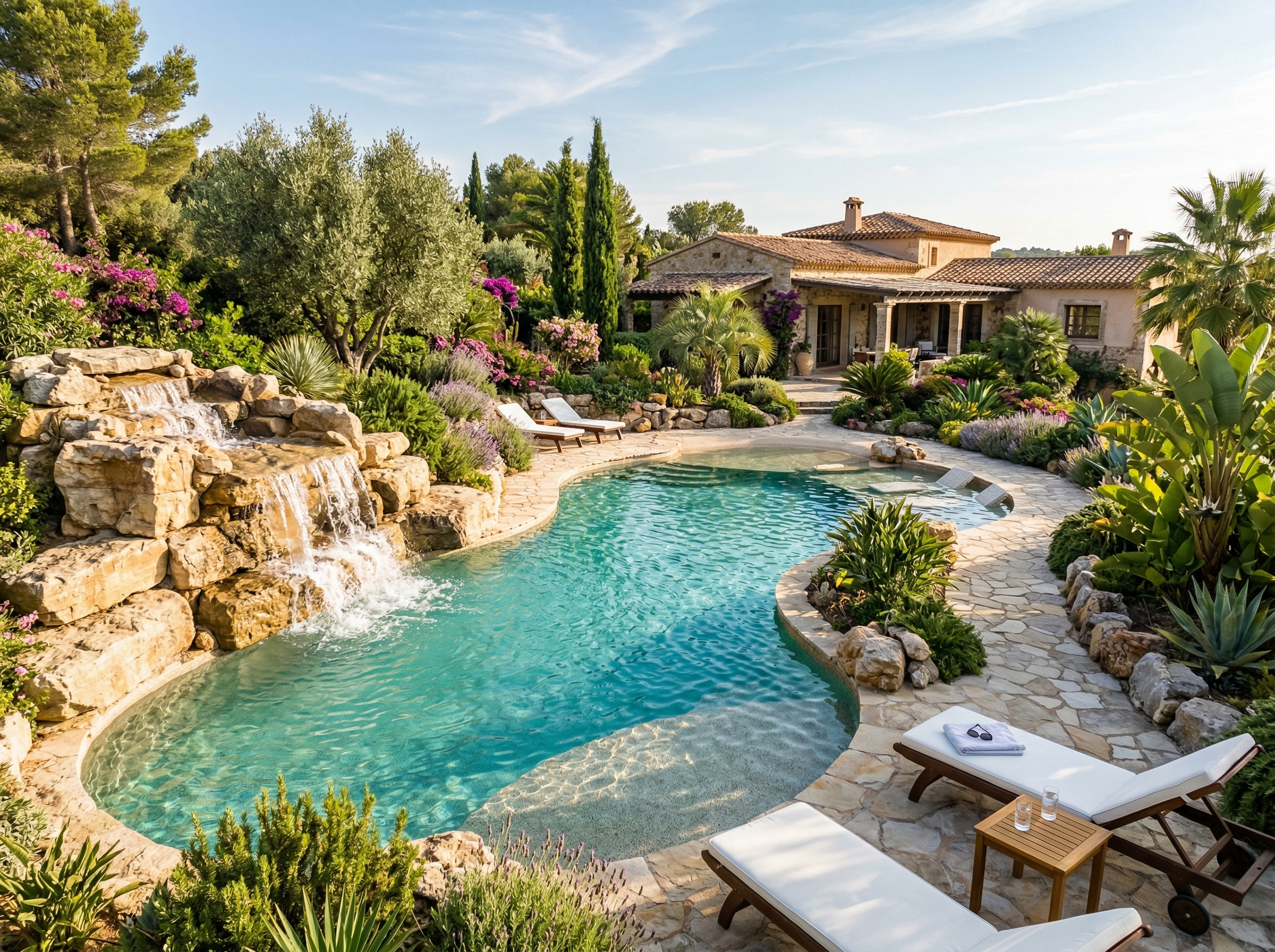 Piscina de forma libre con cascada natural