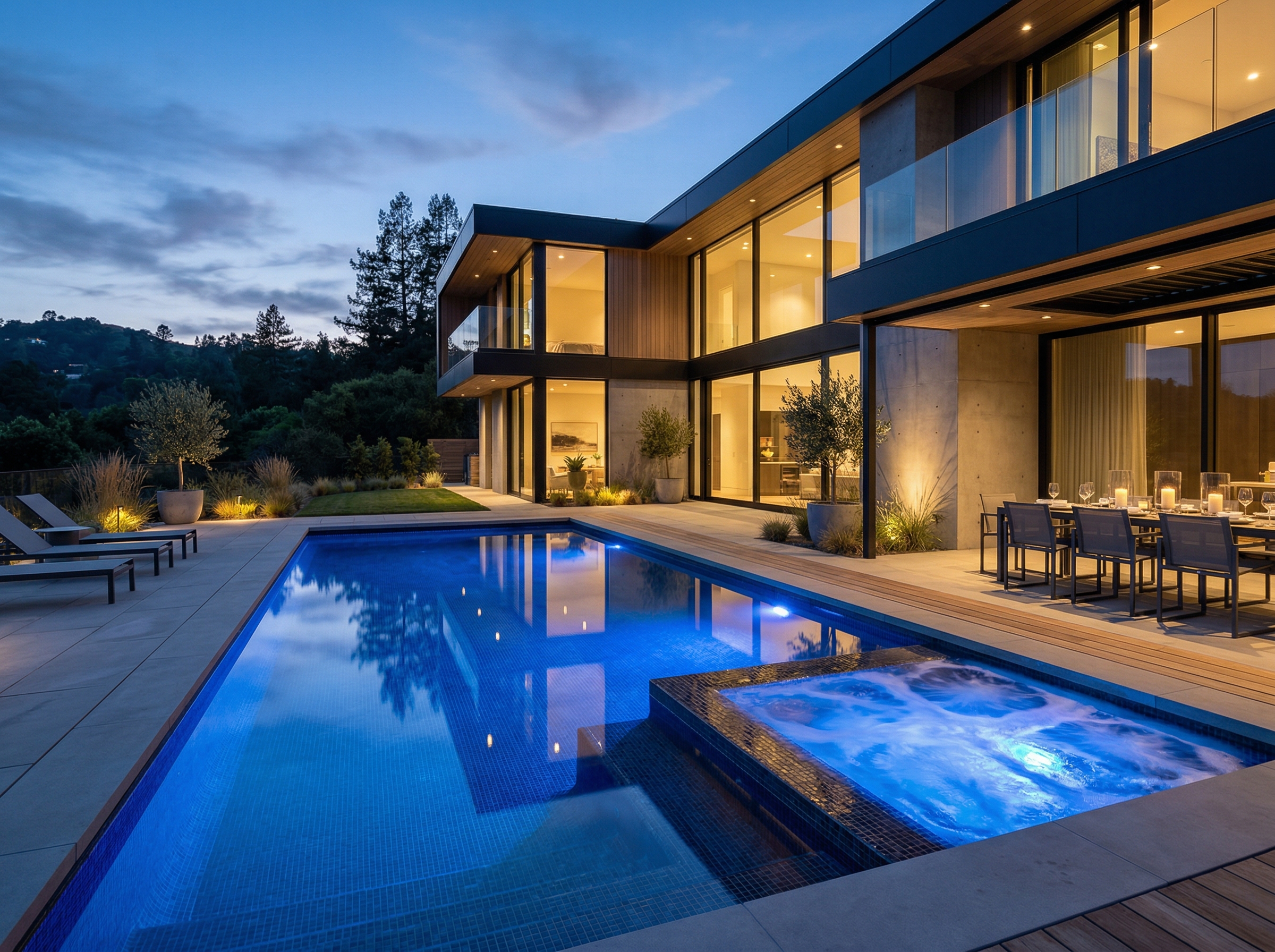 Piscina moderna en forma de L con spa integrado