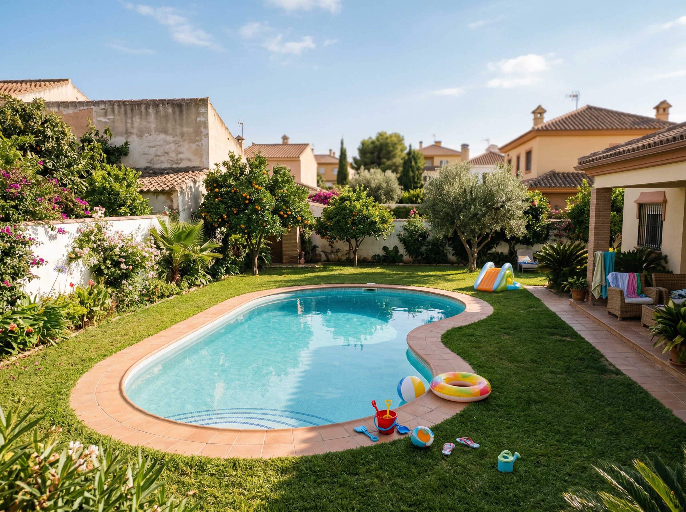 Piscina familiar con forma de riñón