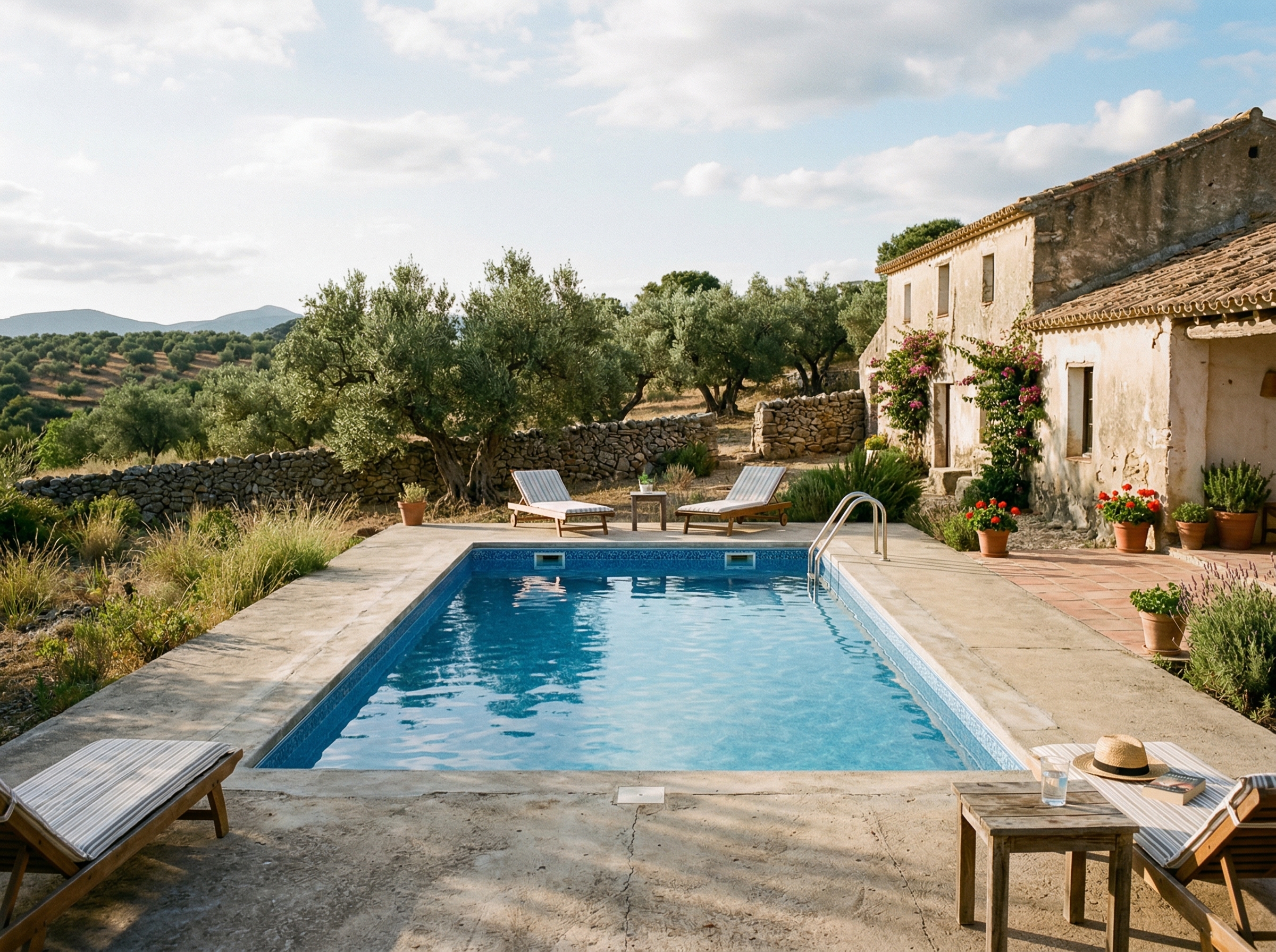 Piscina en finca rural con olivos