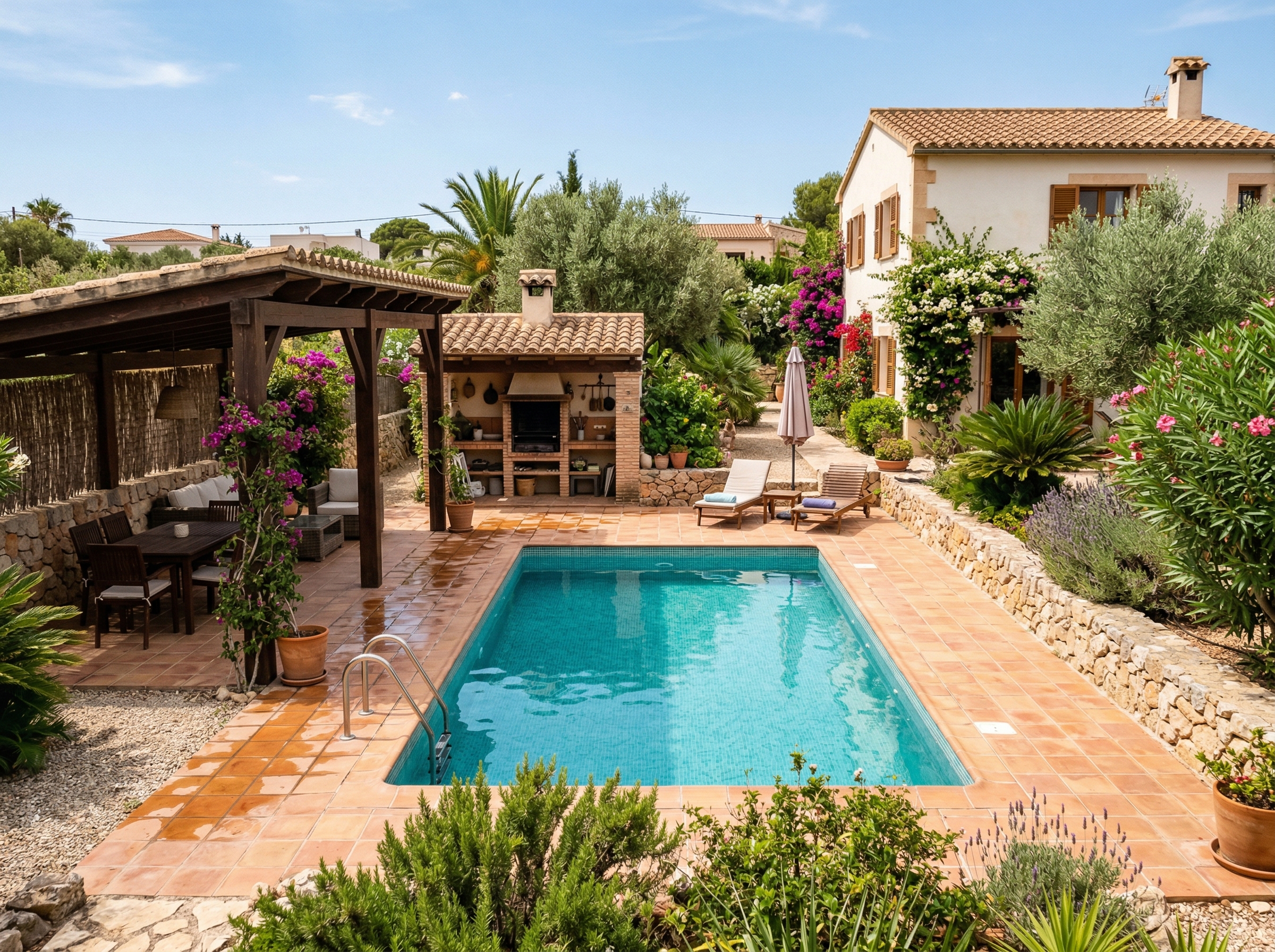Piscina con pérgola y zona barbacoa